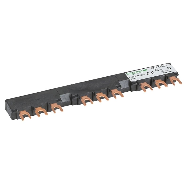 Barra colectora tripolar de 63A con 3 derivaciones de 54mm para TeSys D/GV2/K/U